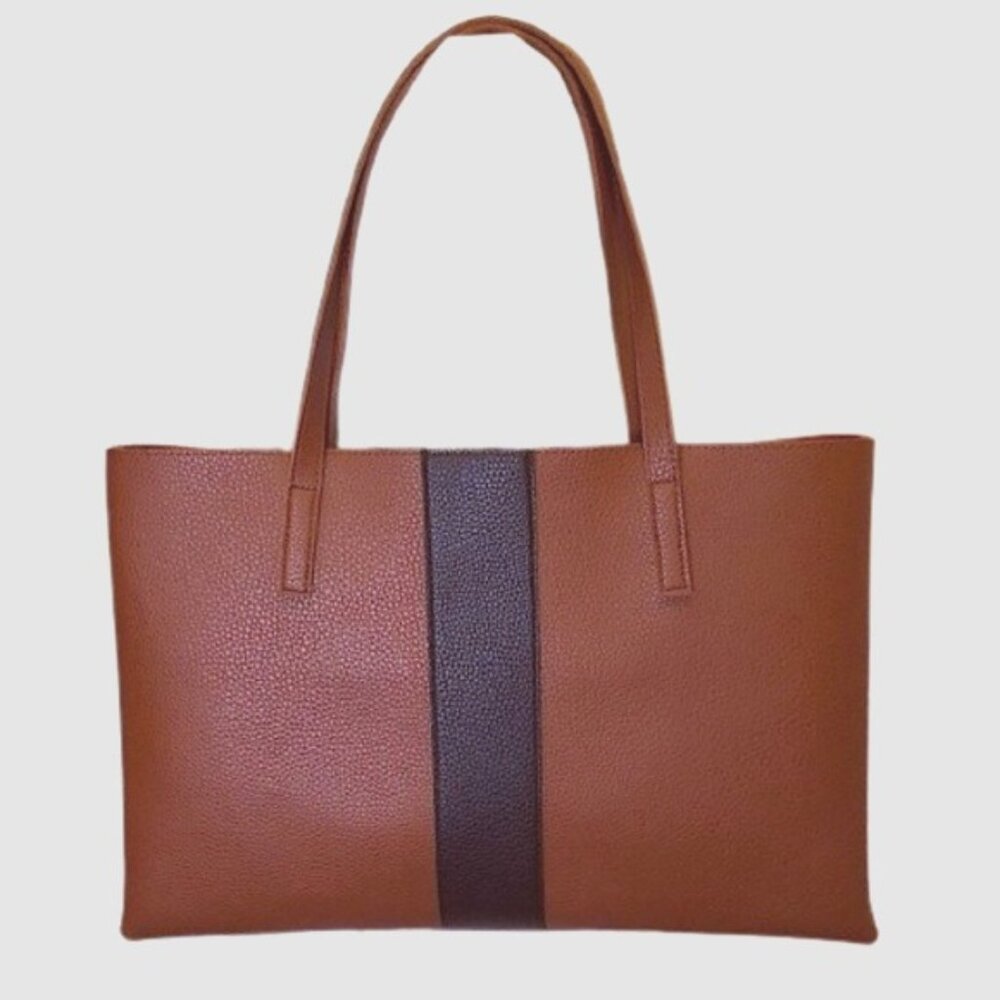VINCE CAMUTO Tumbled Brown Vegan Leather With Black Stripe Tote Bag